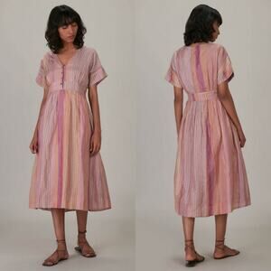 Anavila Peach Silk Zari Green Metallic Stripes Shimmer Tunic‎ Medium Boho